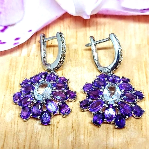 Natural Unheated‎ Aquamarine, Amethyst, Sapphire 925 Sterling Silver Earrings - Picture 1 of 8